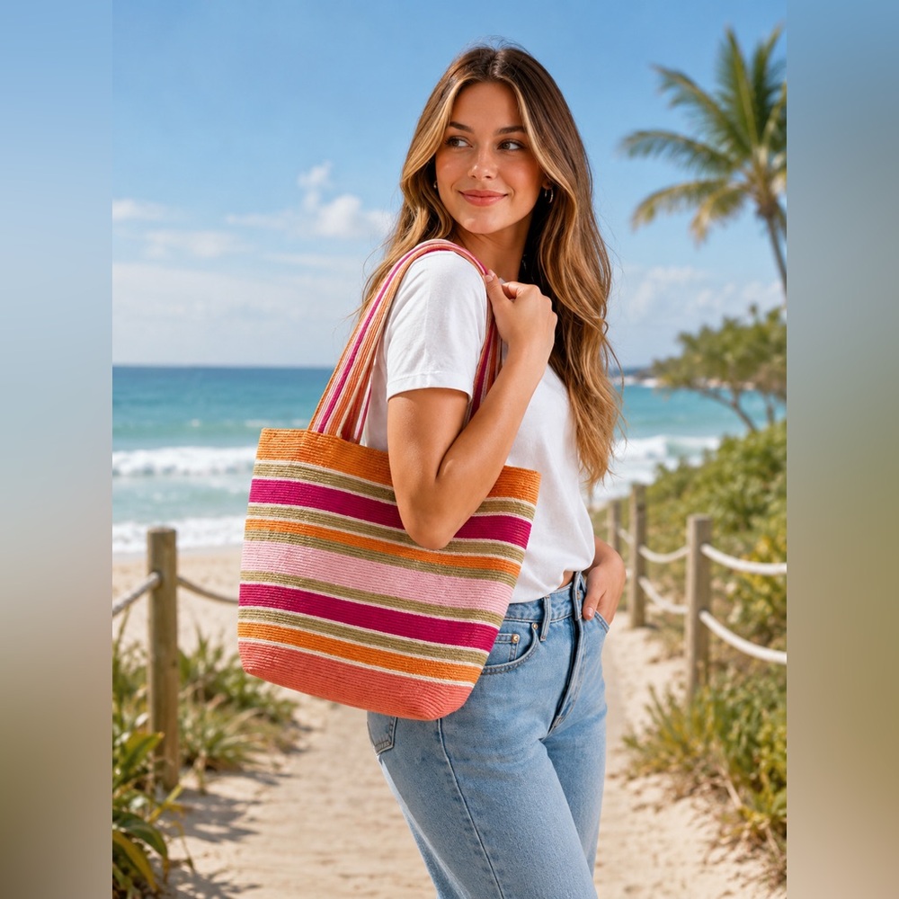 Cappelli Straworld Striped Tote in Pink, Orange & Green